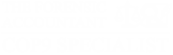 The Forensic Accountant COP9 Specialist logo featuring white typography with scales of justice and magnifying glass icons